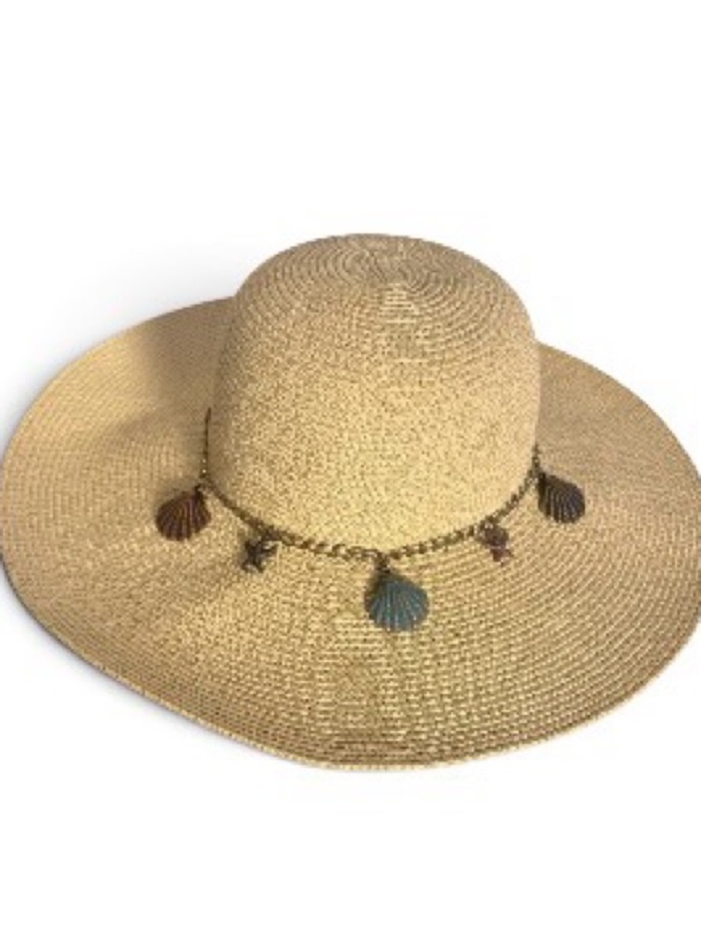 Natural Straw Wide-Brim Sun Hat with Shell Charm Trim boho chic elegant